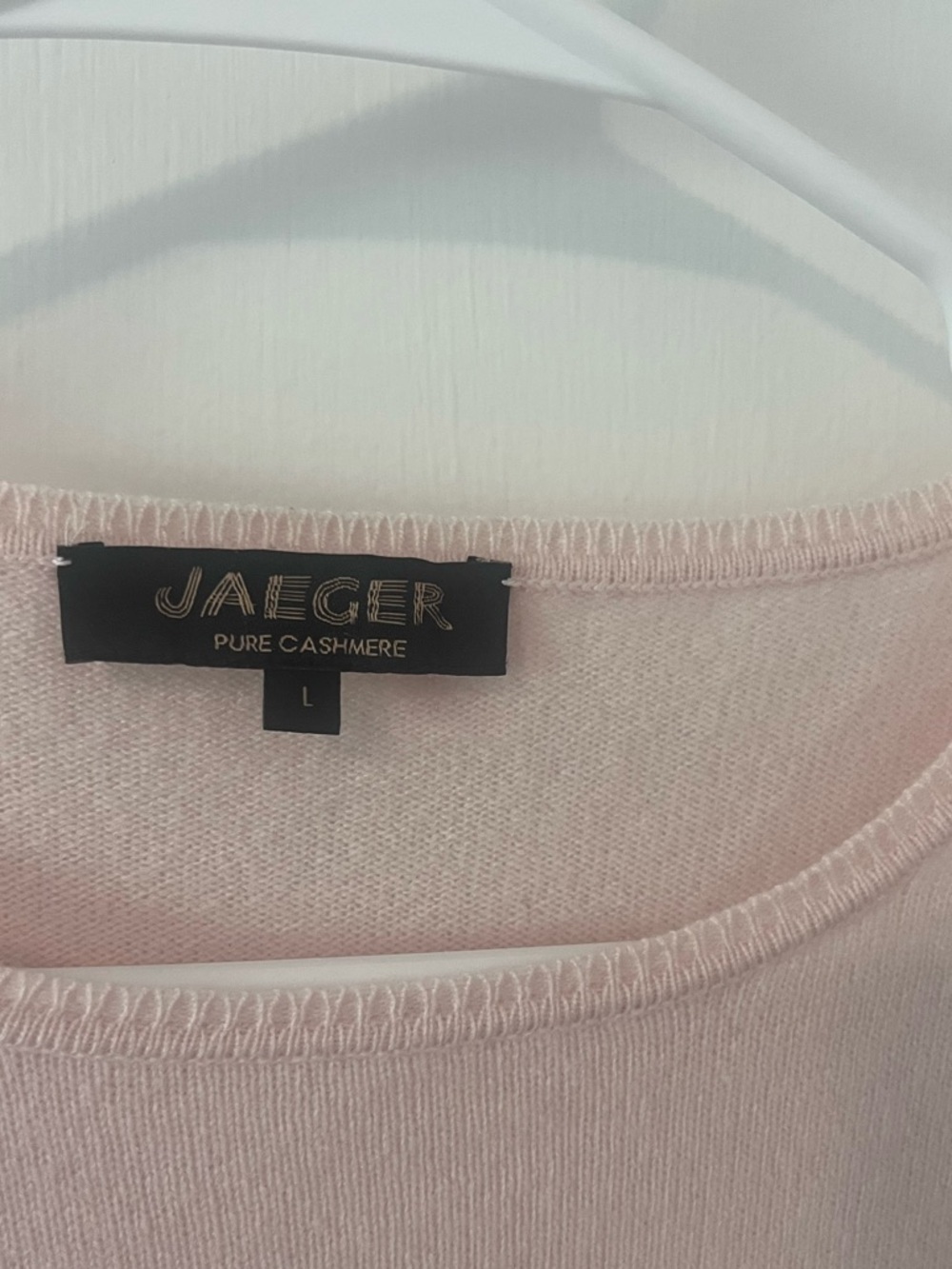 Jaeger Pure Cashmere Jumper Crewneck Sweater Pale Pink Ribbed Cuffs Large Flawed - Picture 4 of 9